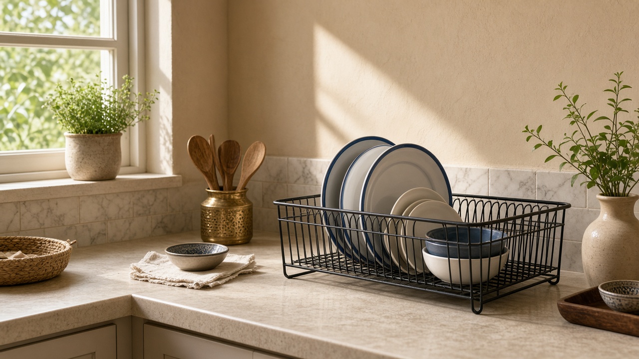 A steel sink rack on a kitchen counter
